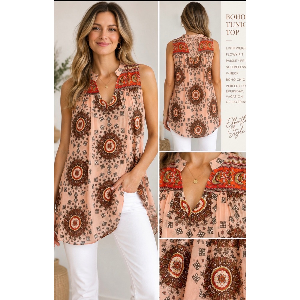 Uncle Frank Pink Orange Paisley Medallion Sleeveless Tunic Top Style 35033 Small